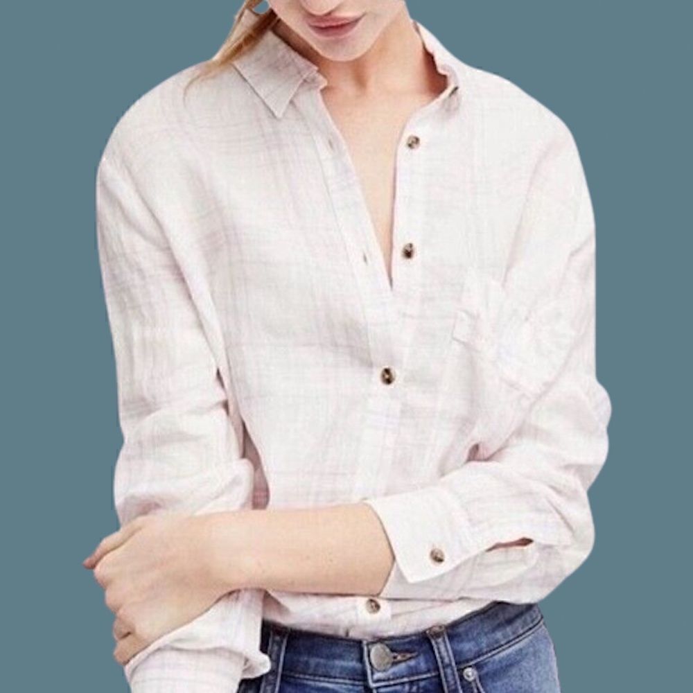 NWOT Free People No Limits White Lavender Plaid Linen Top Shirt Size XS Oversize